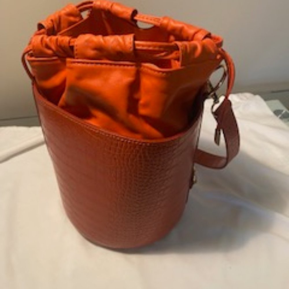 Orange Croco Drawstring Bucket Bag with Long Shoulder Strap /Vegan Material
